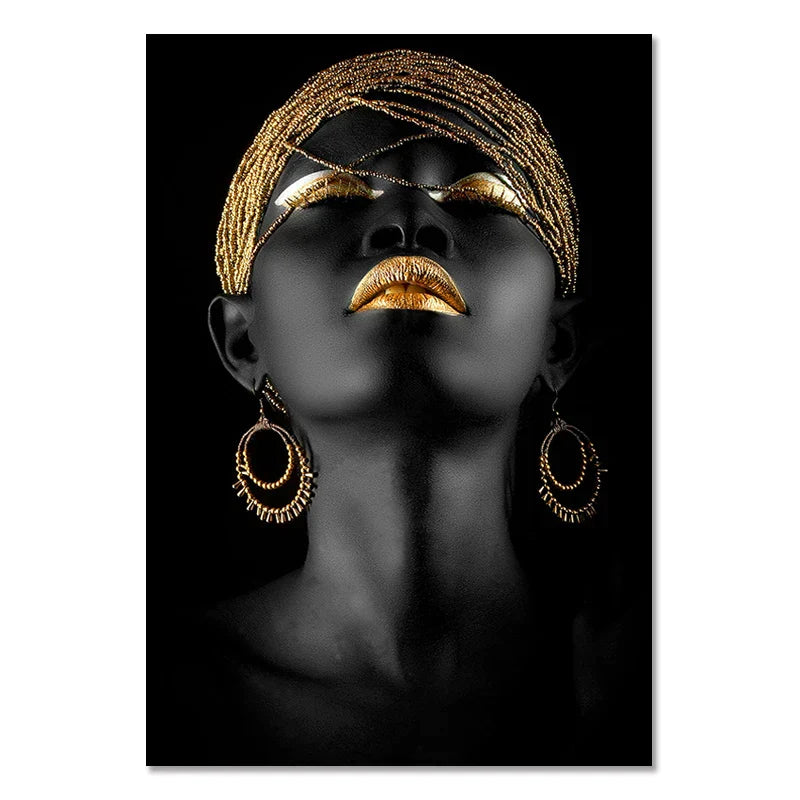 Afrikanische Frau Wandmalerei Kunstposter und Drucke große schwarze Frau mit goldenen Schmuck Leinwandbild für Wohnzimmer Dekor