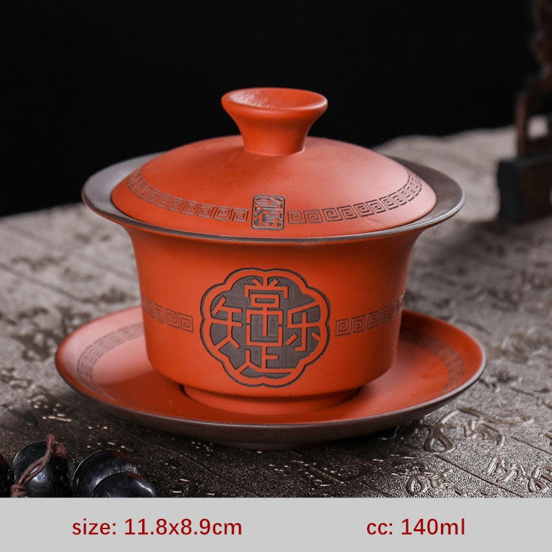 Hochwertiges lila Ton Gaiwan Teeset Handgefertigter tragbarer Teemacher Chinesische Tradition Teeschale Teegeschirr Teetasse und Untertasse Set