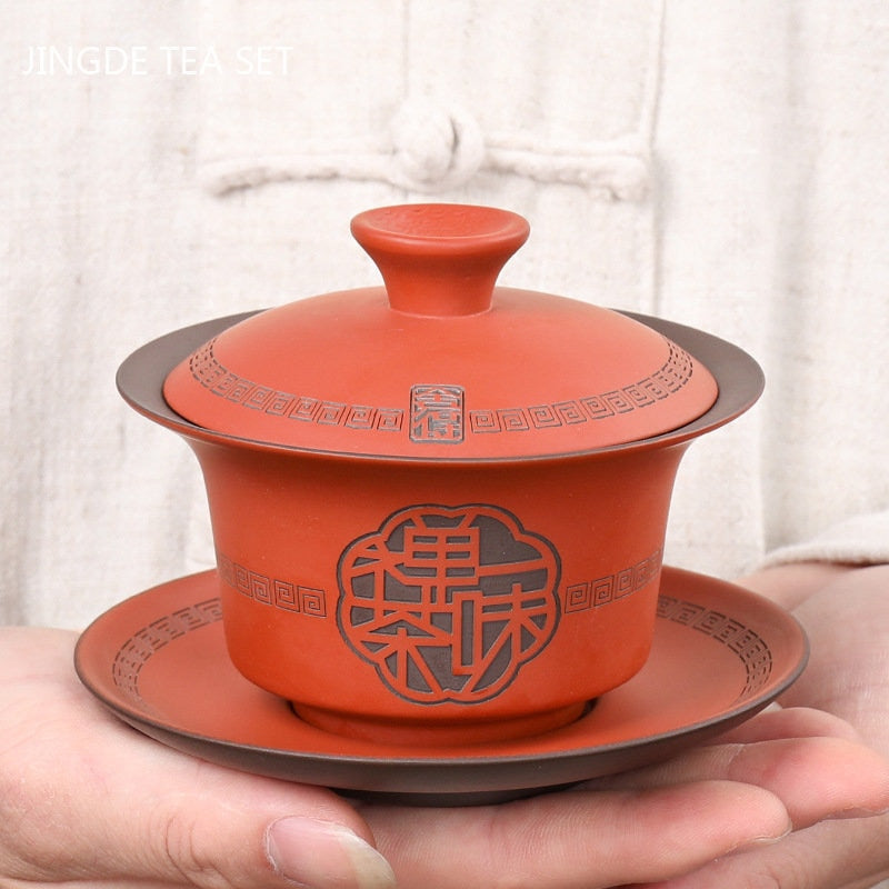 Hochwertiges lila Ton Gaiwan Teeset Handgefertigter tragbarer Teemacher Chinesische Tradition Teeschale Teegeschirr Teetasse und Untertasse Set
