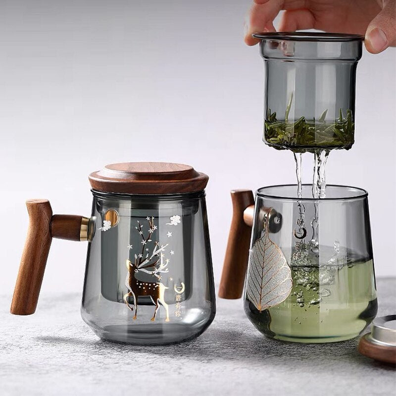 Hochwertige hitzebeständige Glasmug Tee Wasserseparator Teetasse Kung Fu Teeset Filter Wasserbecher mit Deckel Filter Büroteetasse
