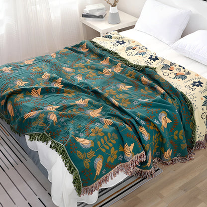 Frendorf | Boho Decke - Wendbare bestickte Baumwolldecke mit Vögeln und Blumen