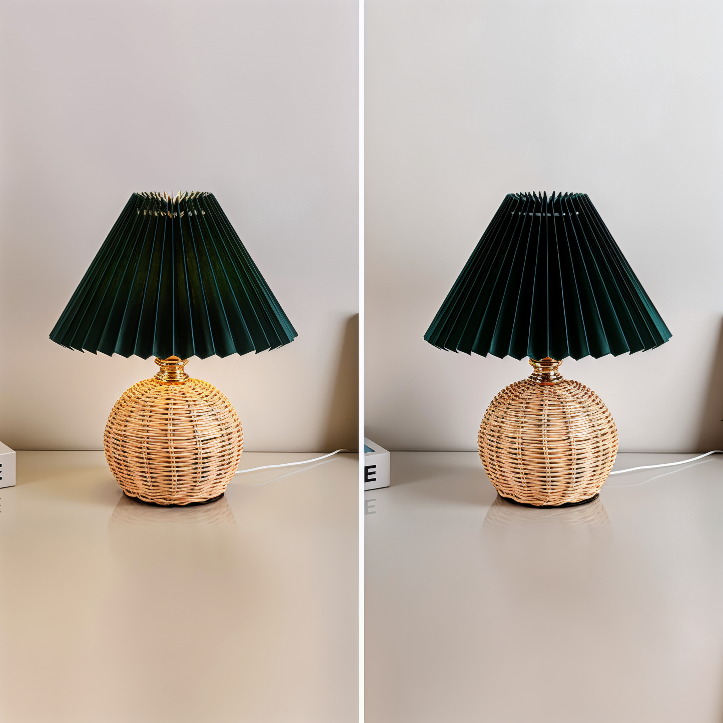 Frendorf | Brolly Plissierte Tischlampe - Retro Rattan Lampe - Konische Tischlampe