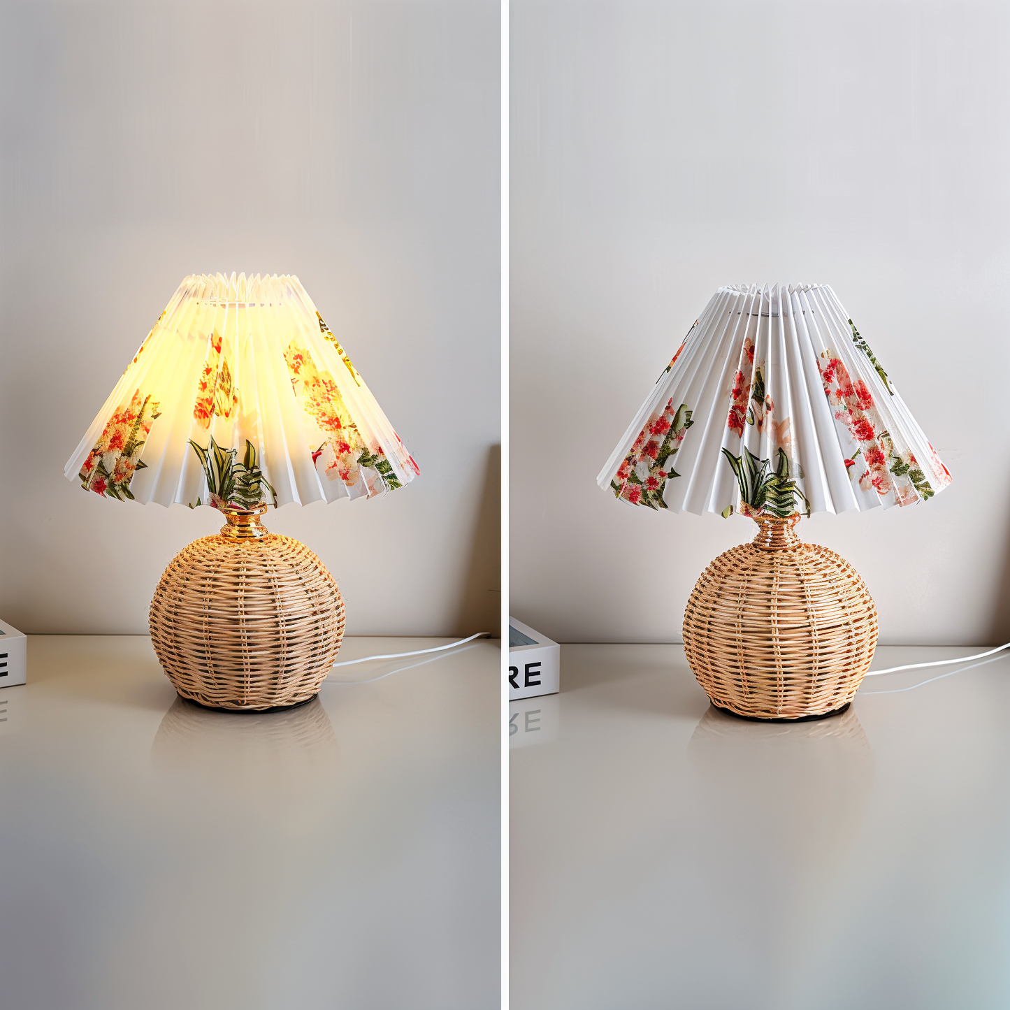 Frendorf | Brolly Plissierte Tischlampe - Retro Rattan Lampe - Konische Tischlampe