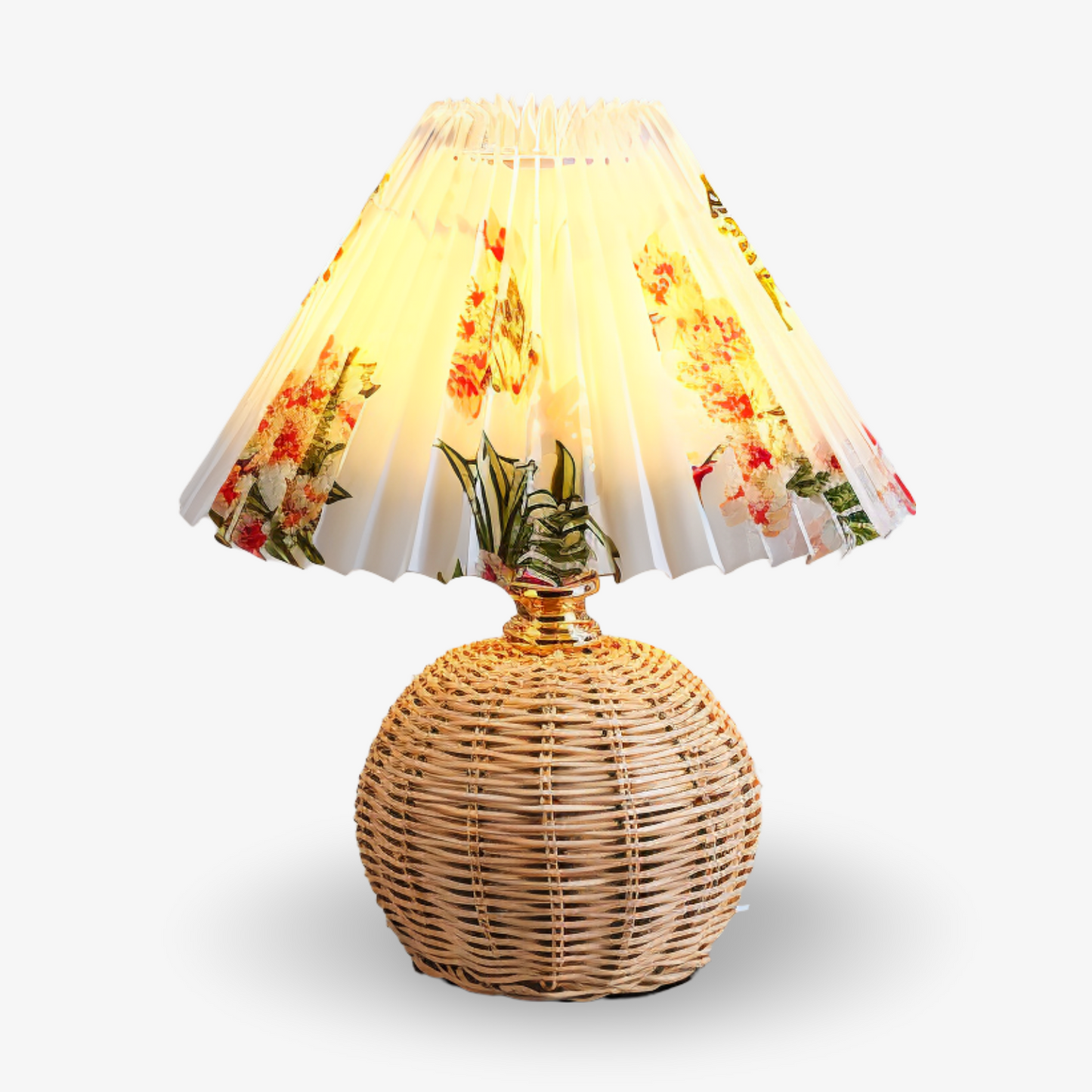 Frendorf | Brolly Plissierte Tischlampe - Retro Rattan Lampe - Konische Tischlampe