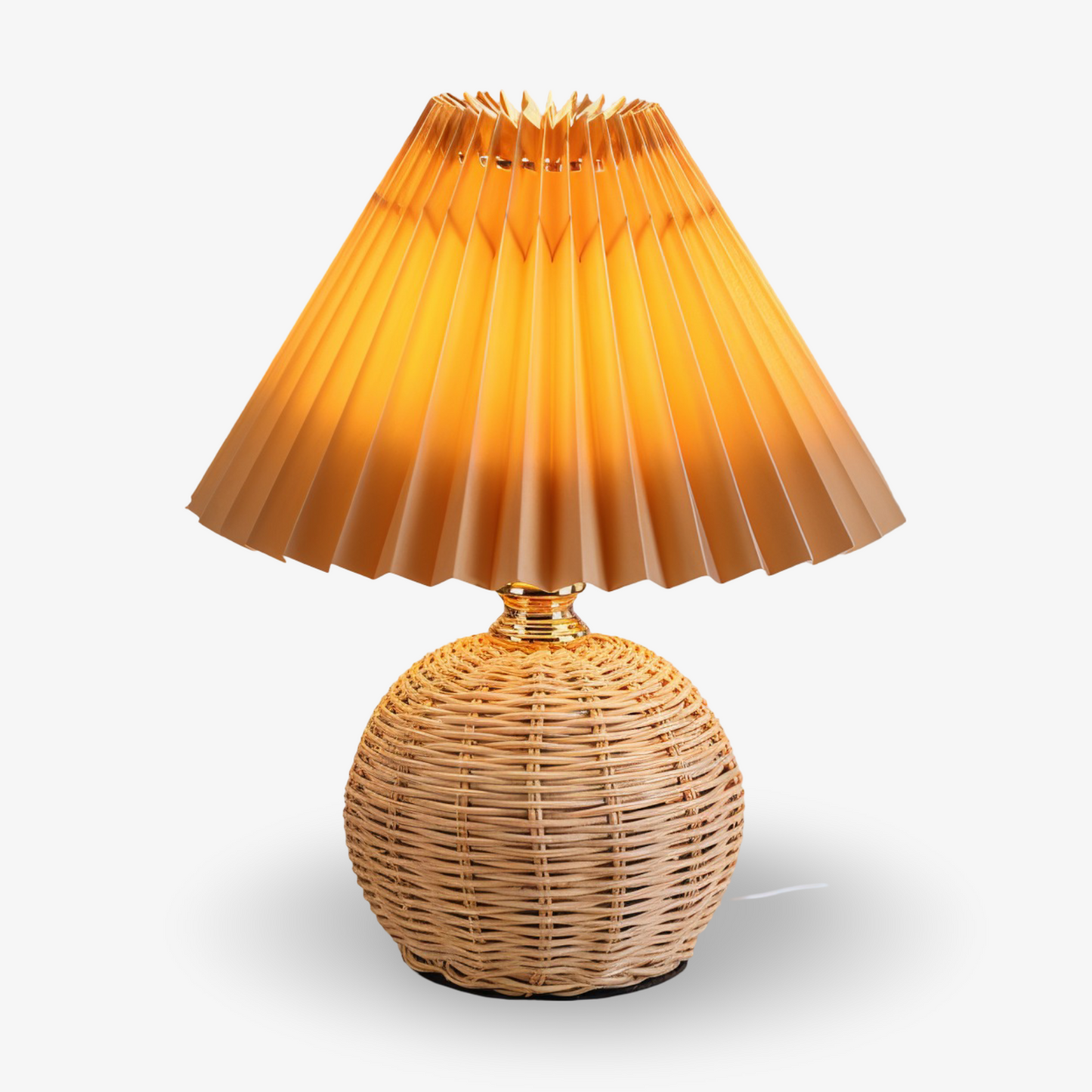 Frendorf | Brolly Plissierte Tischlampe - Retro Rattan Lampe - Konische Tischlampe