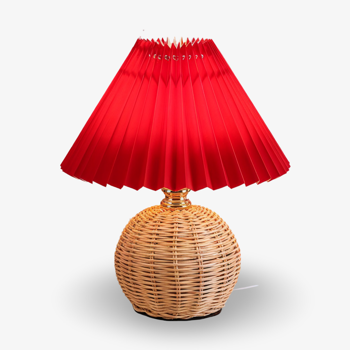 Frendorf | Brolly Plissierte Tischlampe - Retro Rattan Lampe - Konische Tischlampe