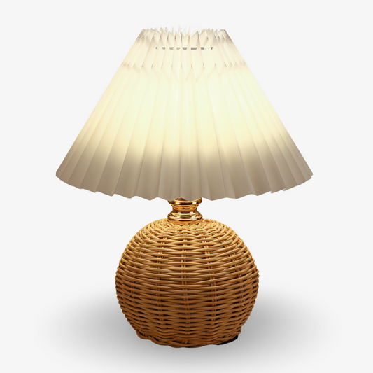 Frendorf | Brolly Plissierte Tischlampe - Retro Rattan Lampe - Konische Tischlampe