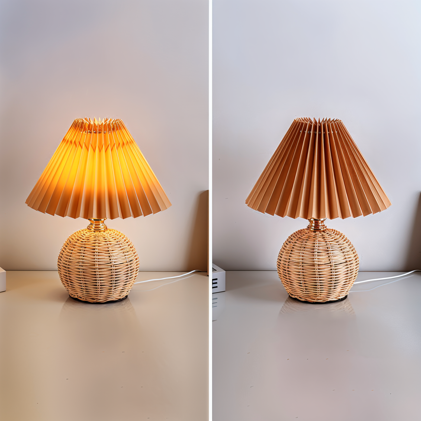 Frendorf | Brolly Plissierte Tischlampe - Retro Rattan Lampe - Konische Tischlampe