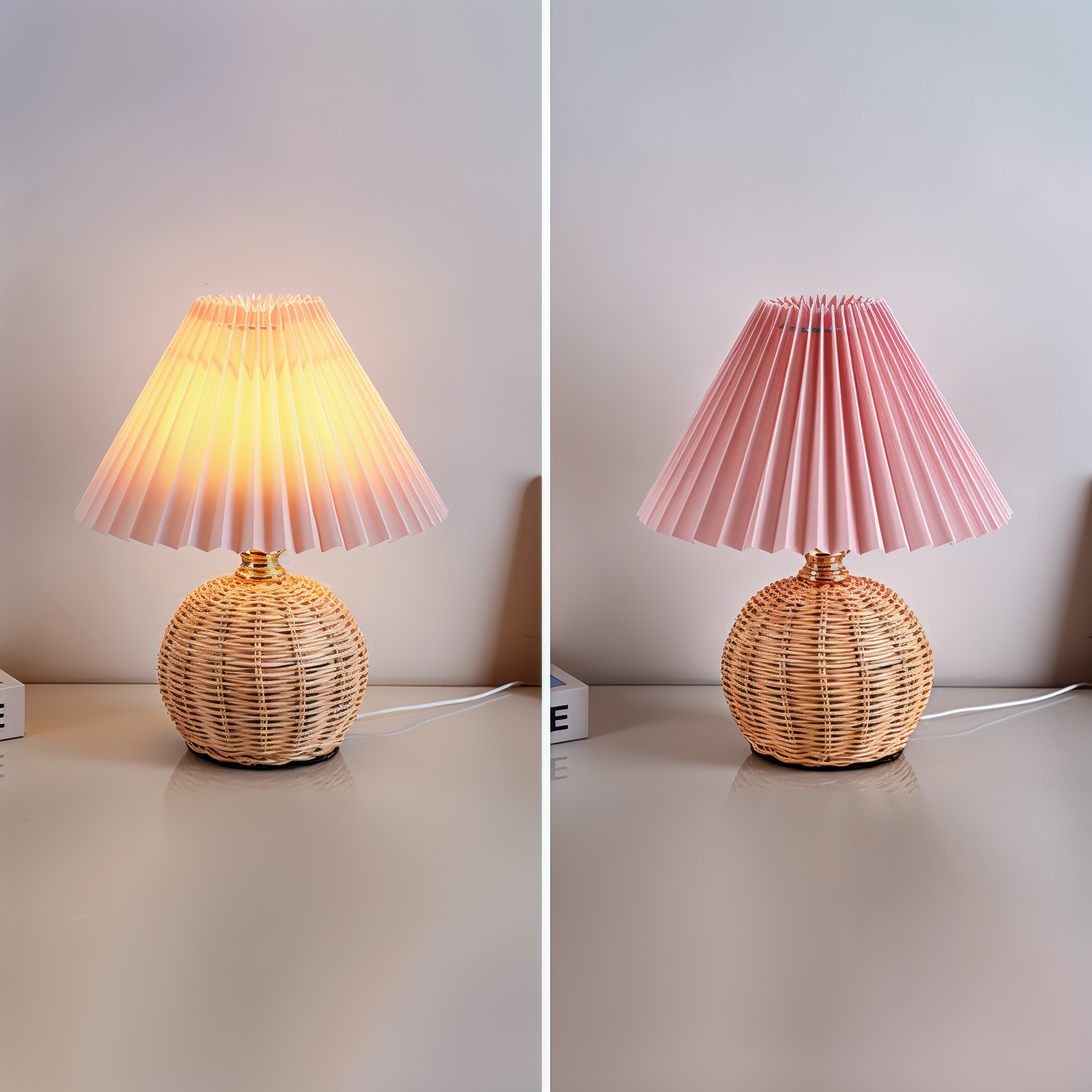 Frendorf | Brolly Plissierte Tischlampe - Retro Rattan Lampe - Konische Tischlampe