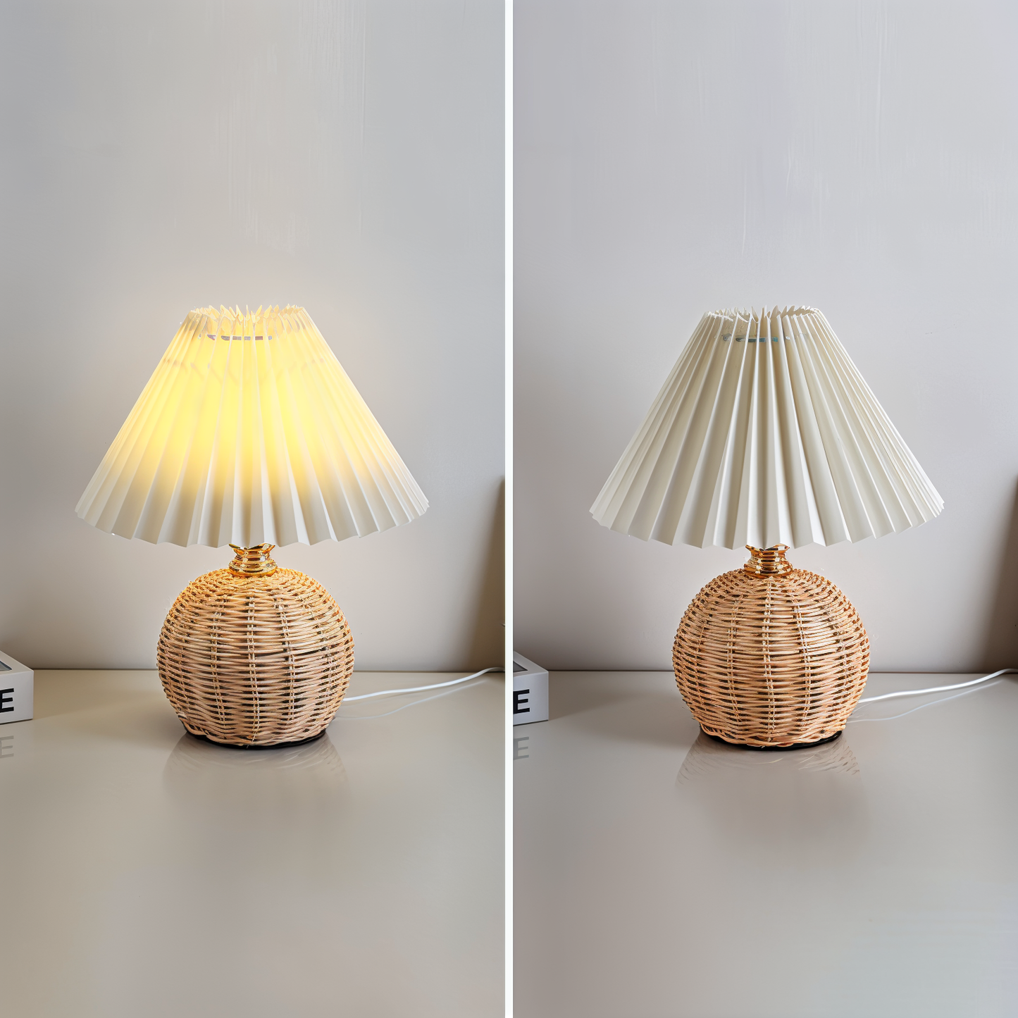 Frendorf | Brolly Plissierte Tischlampe - Retro Rattan Lampe - Konische Tischlampe