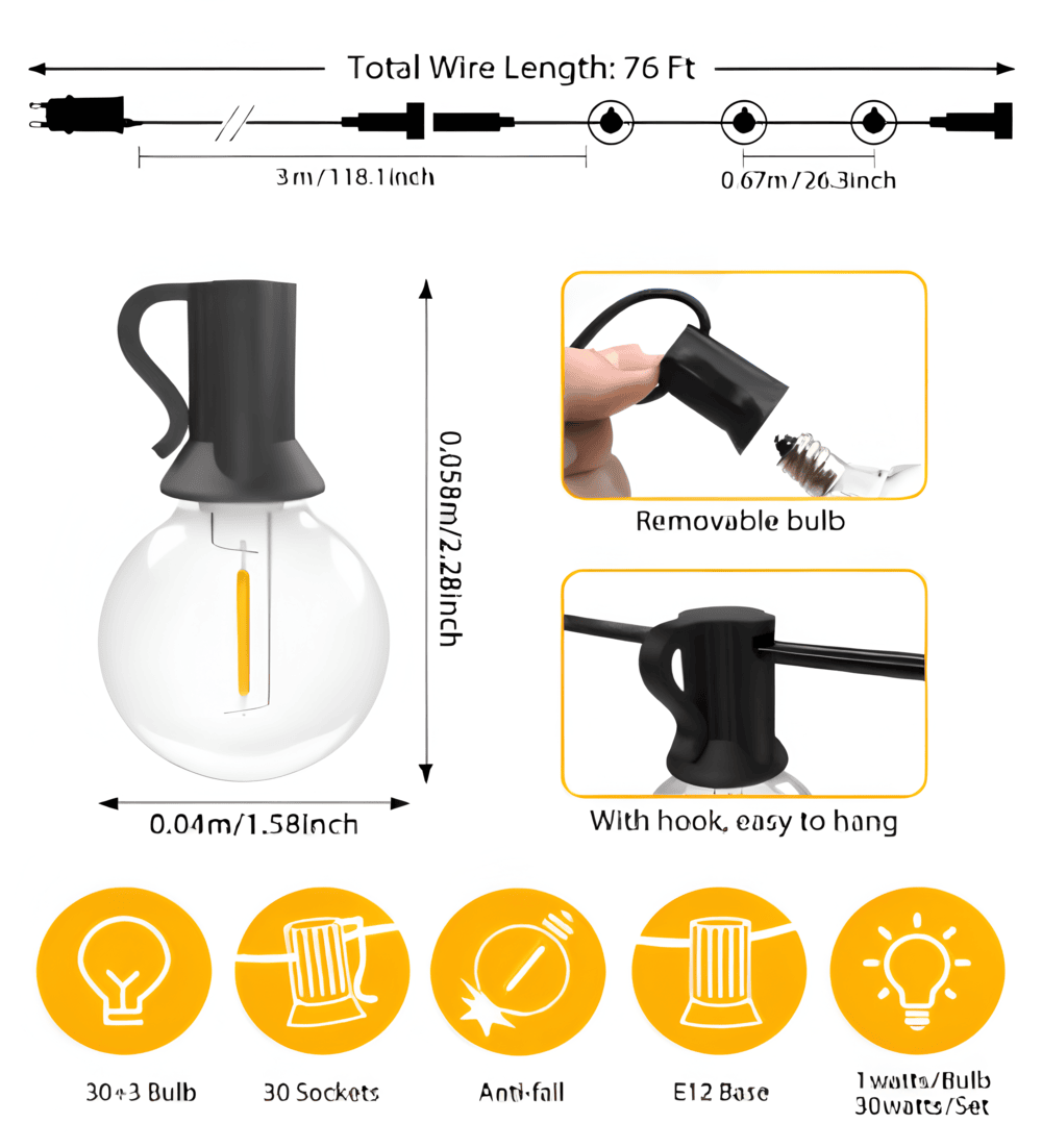 Frendorf | ElectriBulb Lichterkette - G40 Globe Außenbeleuchtung - IP44 & Bruchsichere Gartenbeleuchtung