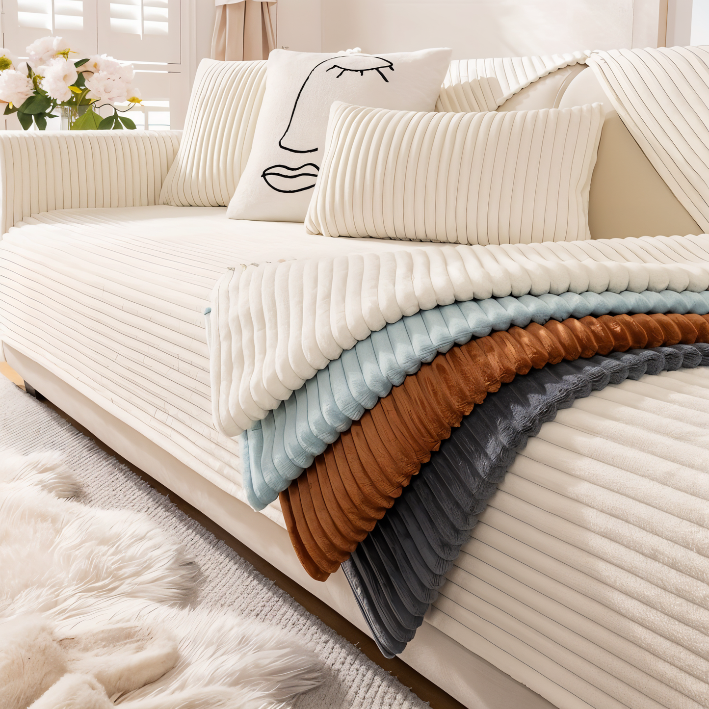 FiberWrap Sofa Bezug - Gestreifter Dicker Plüsch, Kratzfest und Rutschfest Sofa Schutz