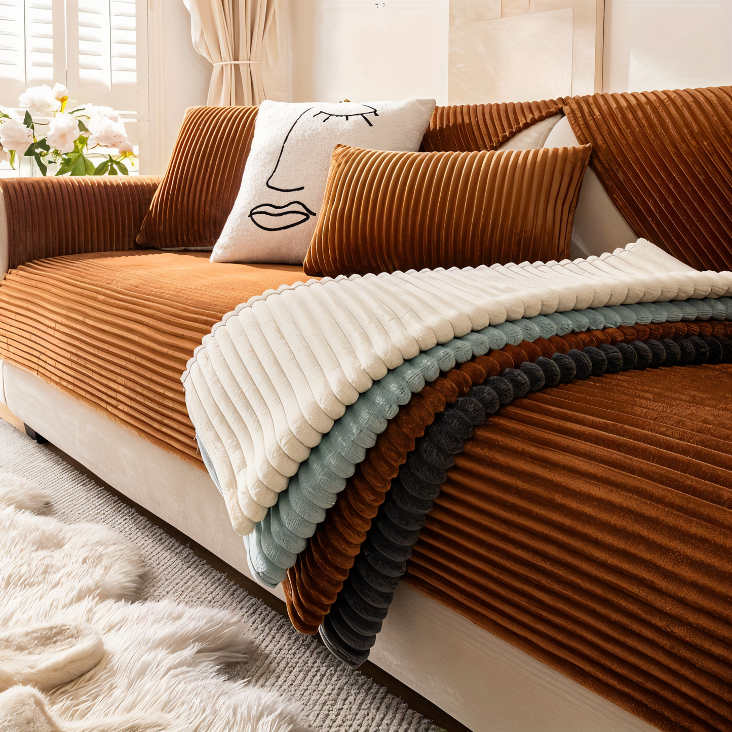 FiberWrap Sofa Bezug - Gestreifter Dicker Plüsch, Kratzfest und Rutschfest Sofa Schutz