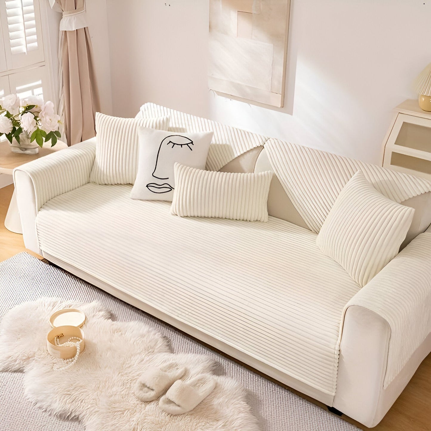 FiberWrap Sofa Bezug - Gestreifter Dicker Plüsch, Kratzfest und Rutschfest Sofa Schutz