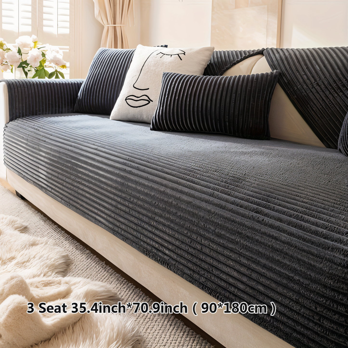 FiberWrap Sofa Bezug - Gestreifter Dicker Plüsch, Kratzfest und Rutschfest Sofa Schutz