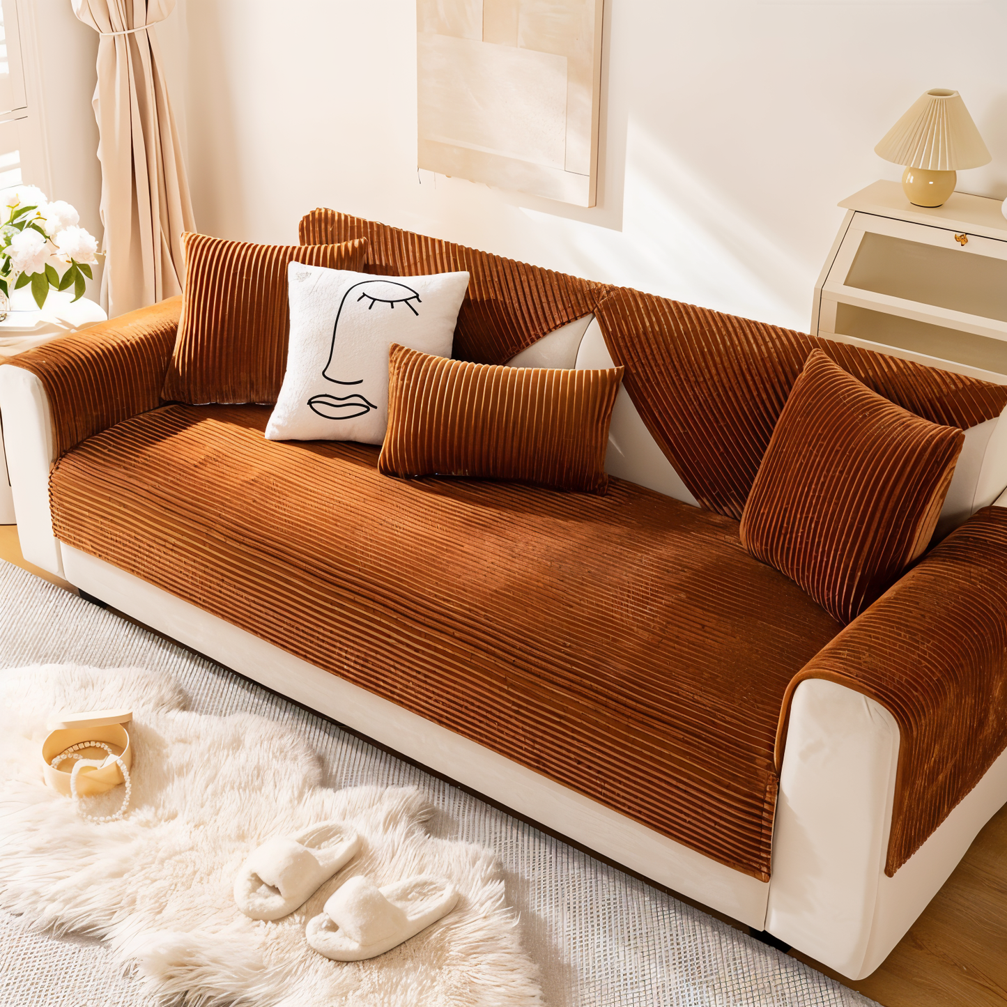 FiberWrap Sofa Bezug - Gestreifter Dicker Plüsch, Kratzfest und Rutschfest Sofa Schutz