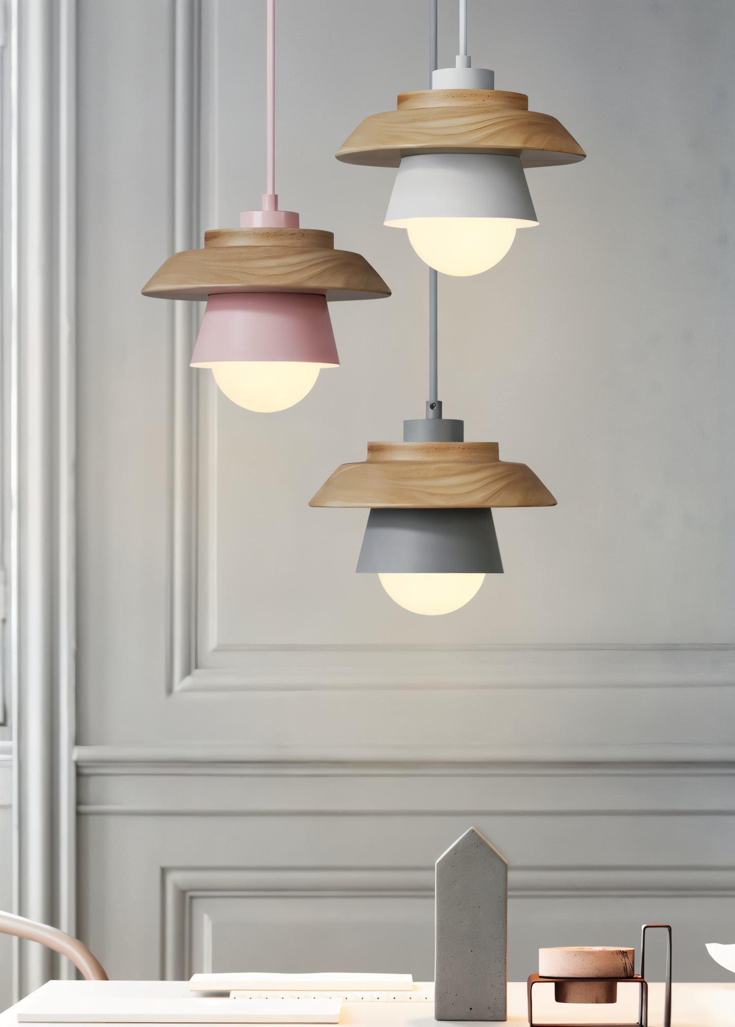 Frendorf | Scandi Pendelleuchte - Nordisches Holz & Metall Macaron LED Hängelampe