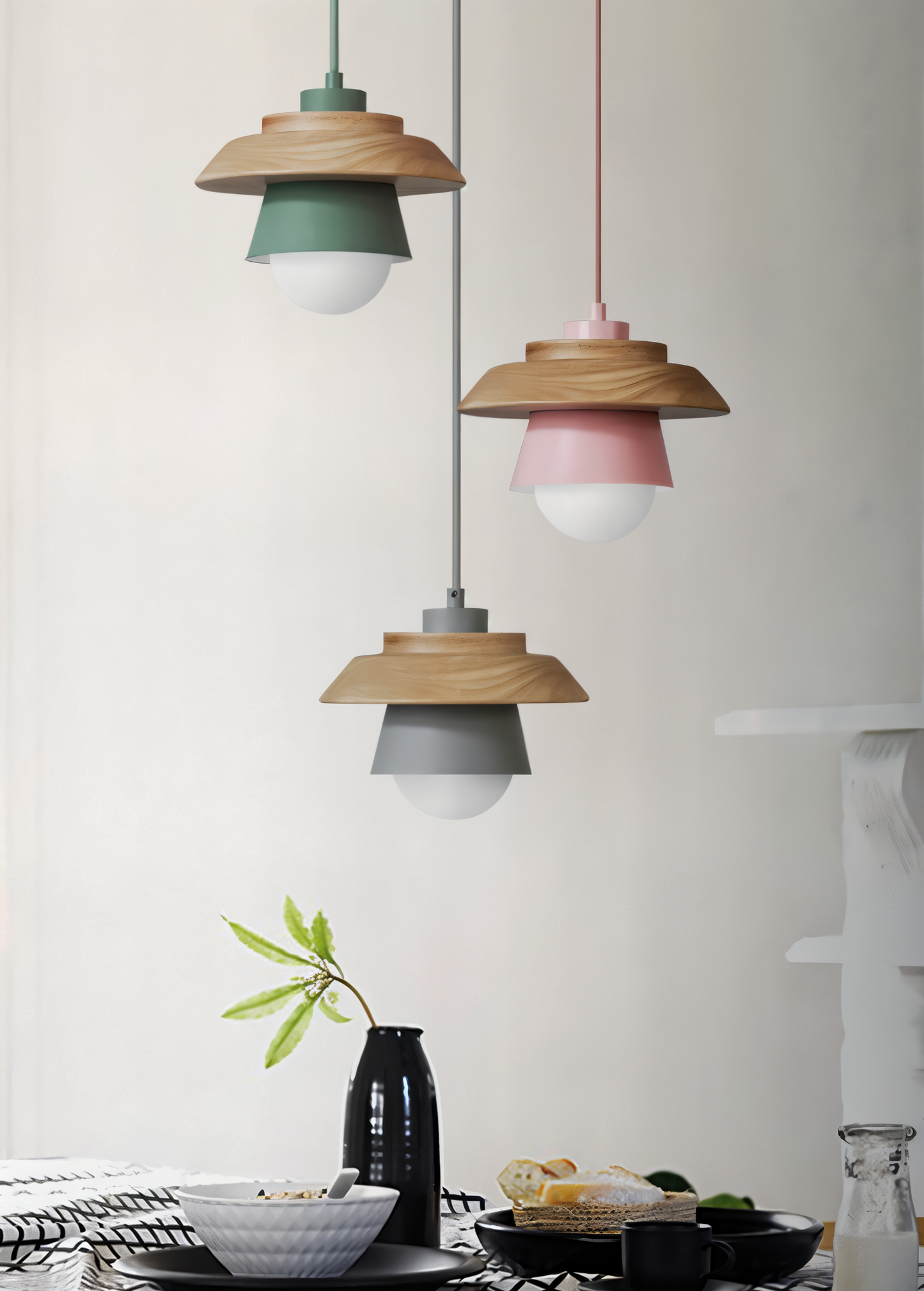 Frendorf | Scandi Pendelleuchte - Nordisches Holz & Metall Macaron LED Hängelampe