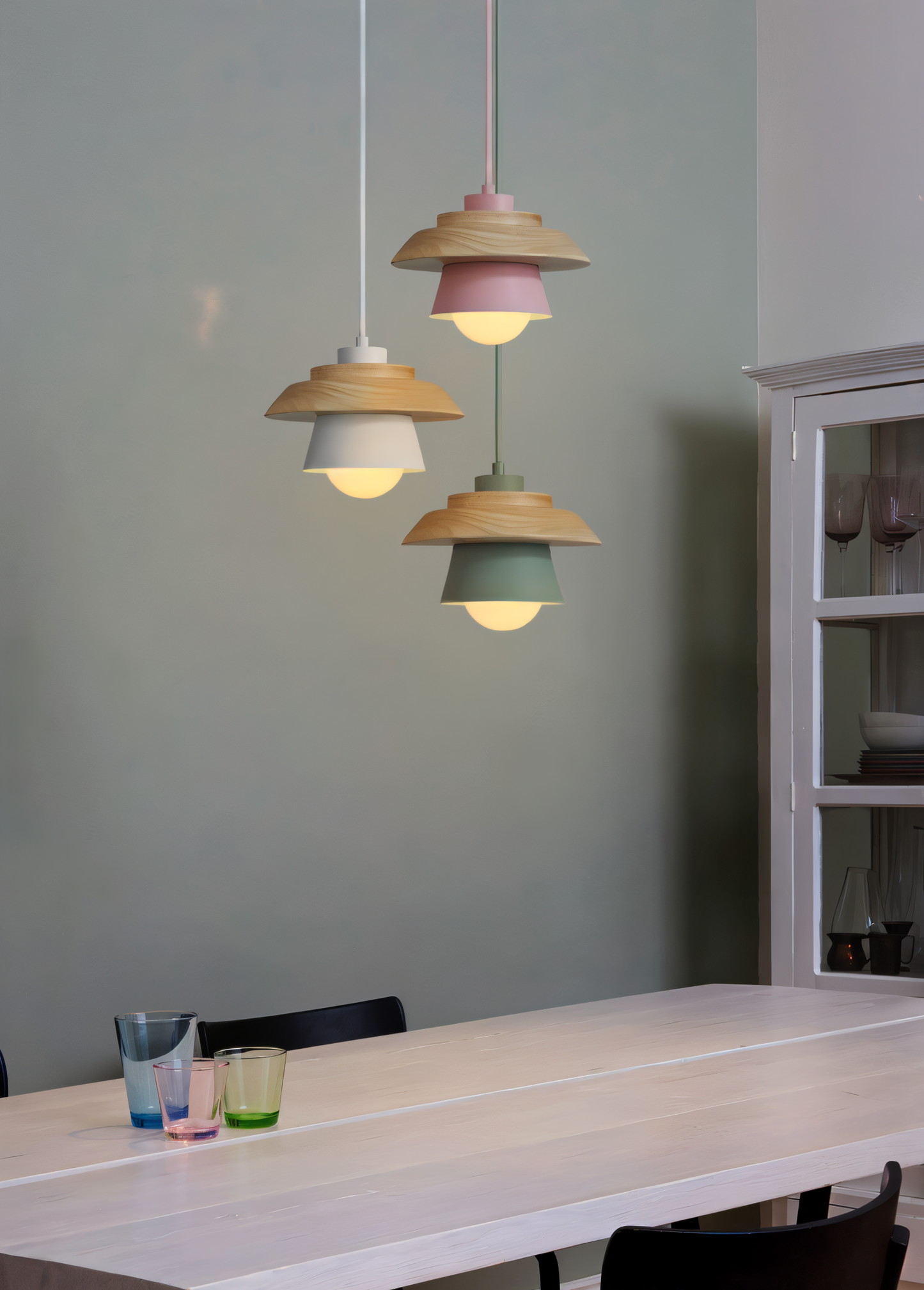 Frendorf | Scandi Pendelleuchte - Nordisches Holz & Metall Macaron LED Hängelampe