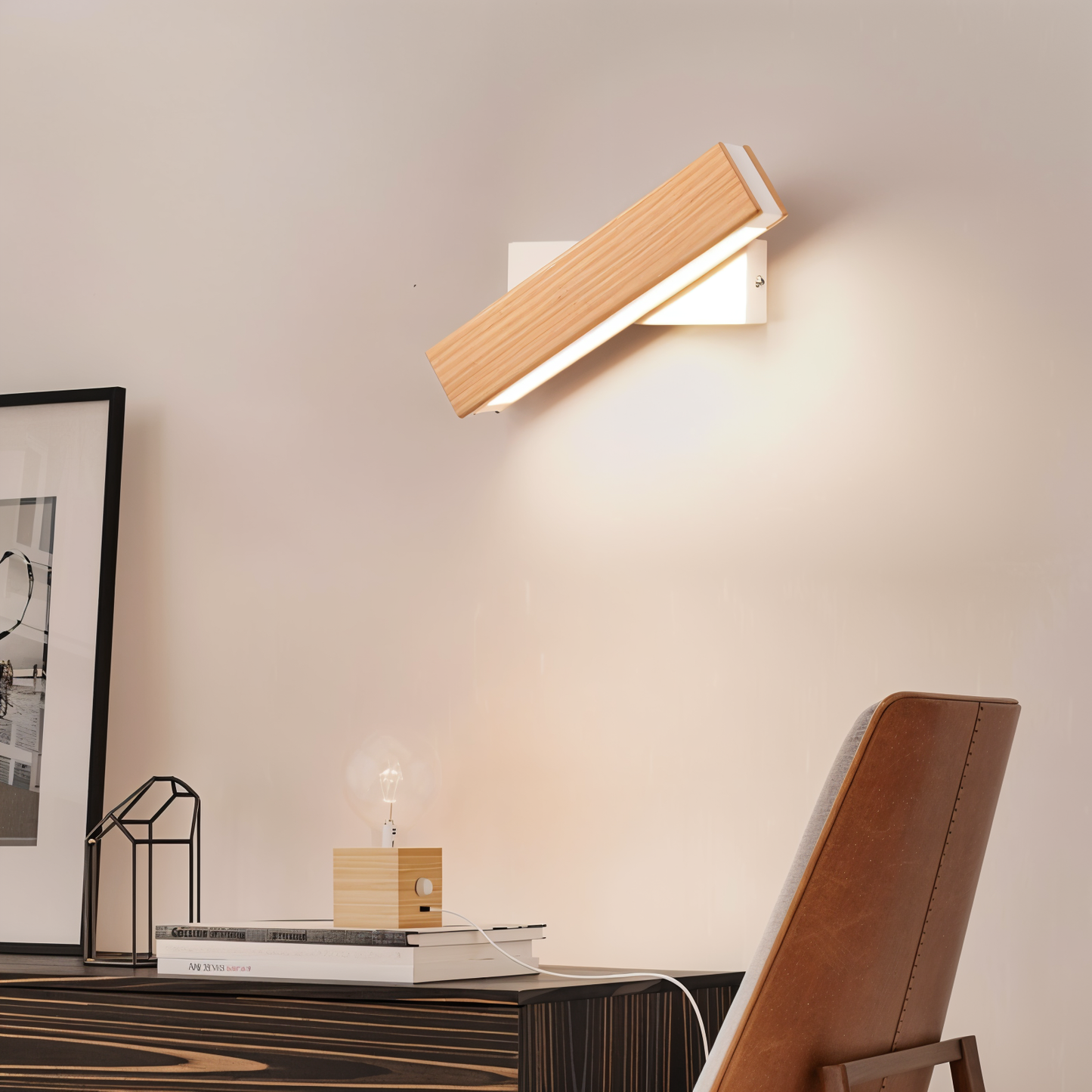 TwistLED Wandlampe - 360° drehbare rechteckige LED-Wandlampe aus Holz