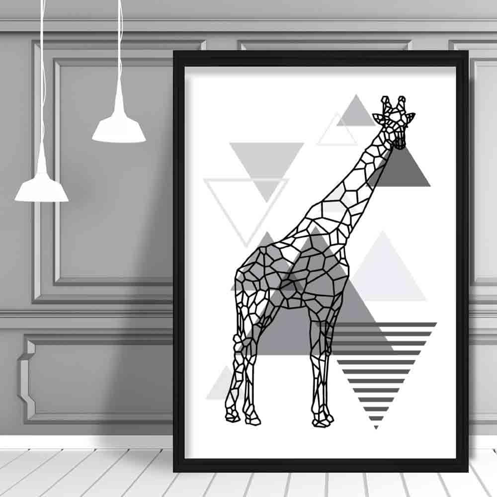 Giraffe Geometric Scandinavian Mono Grau Kunstdruck