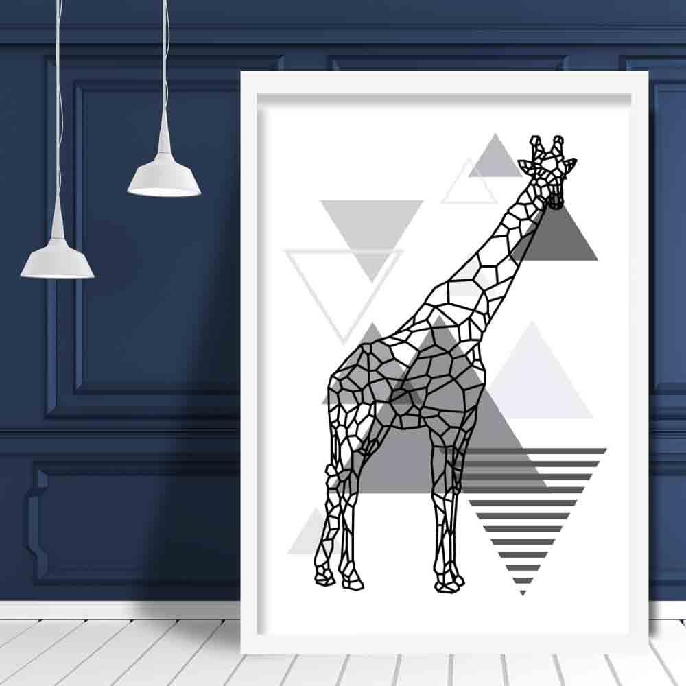 Giraffe Geometric Scandinavian Mono Grau Kunstdruck
