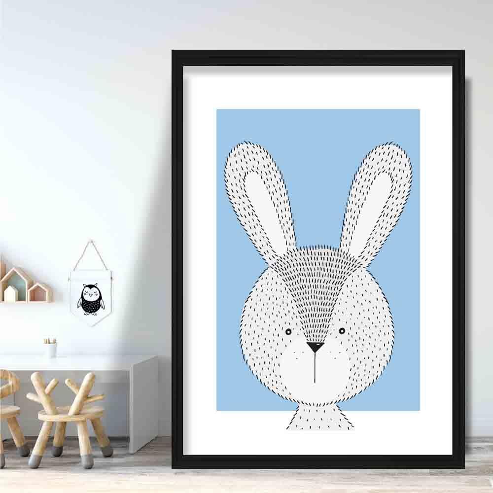 Rabbit Sketch Style Nursery Baby Blue Kunstdruck