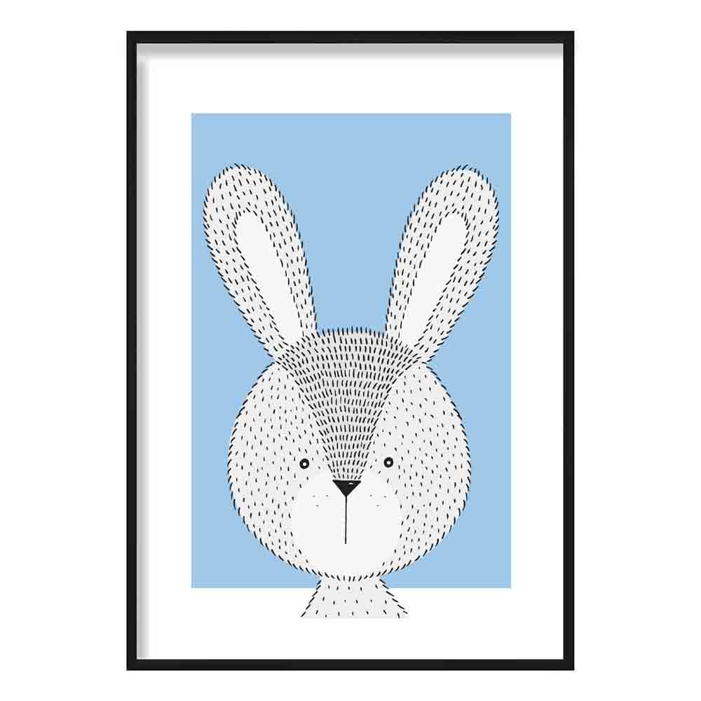 Rabbit Sketch Style Nursery Baby Blue Kunstdruck