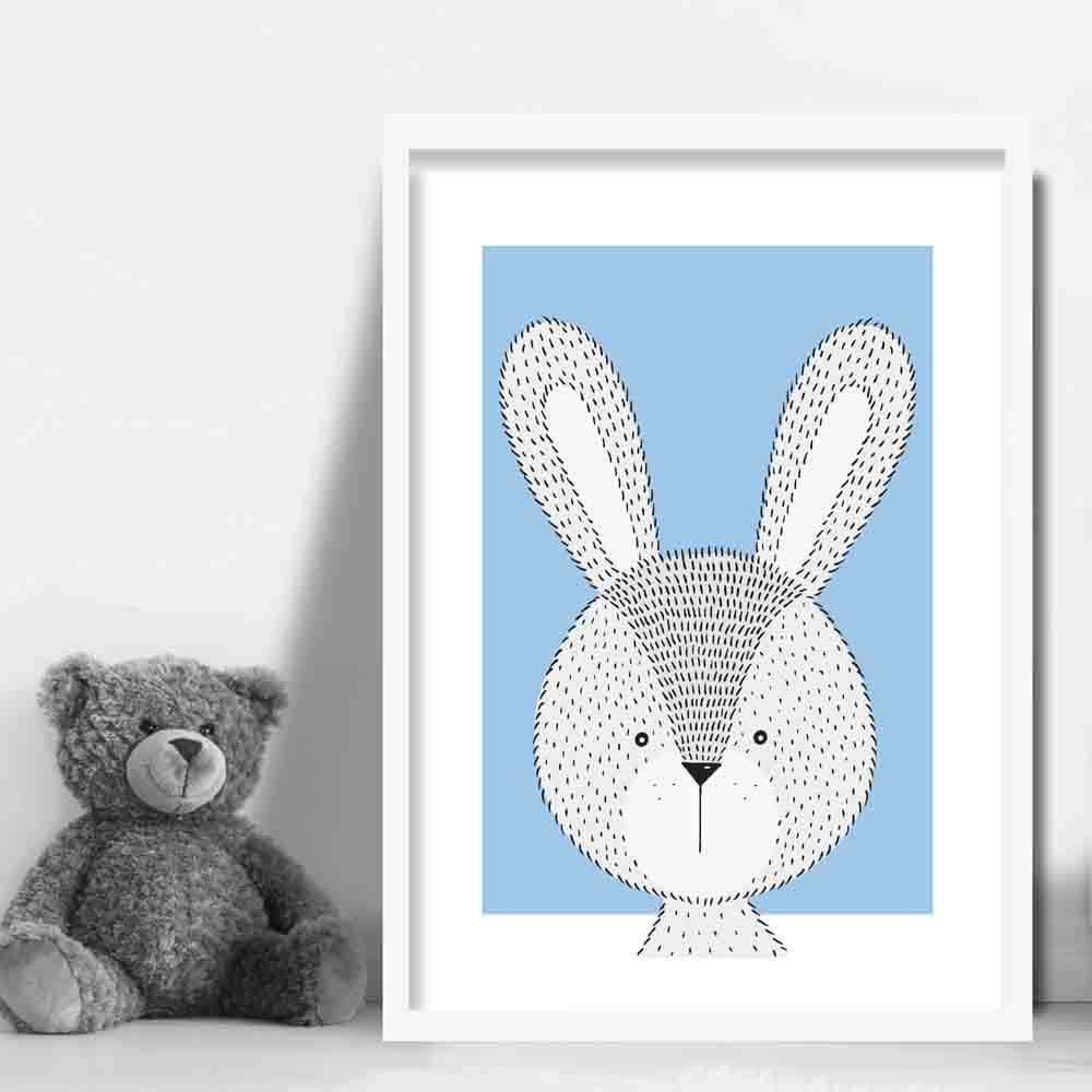 Rabbit Sketch Style Nursery Baby Blue Kunstdruck