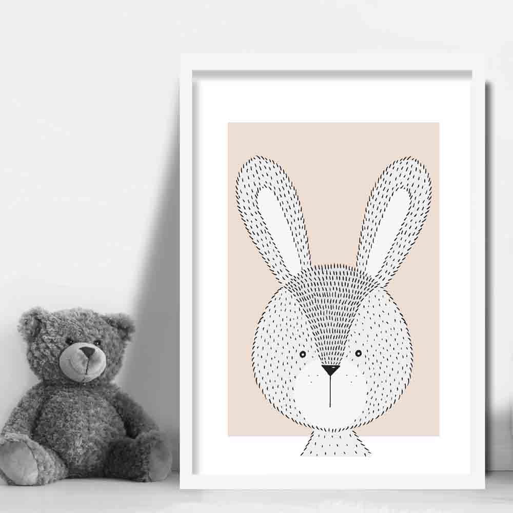 Rabbit Sketch Style Nursery Beige Kunstdruck