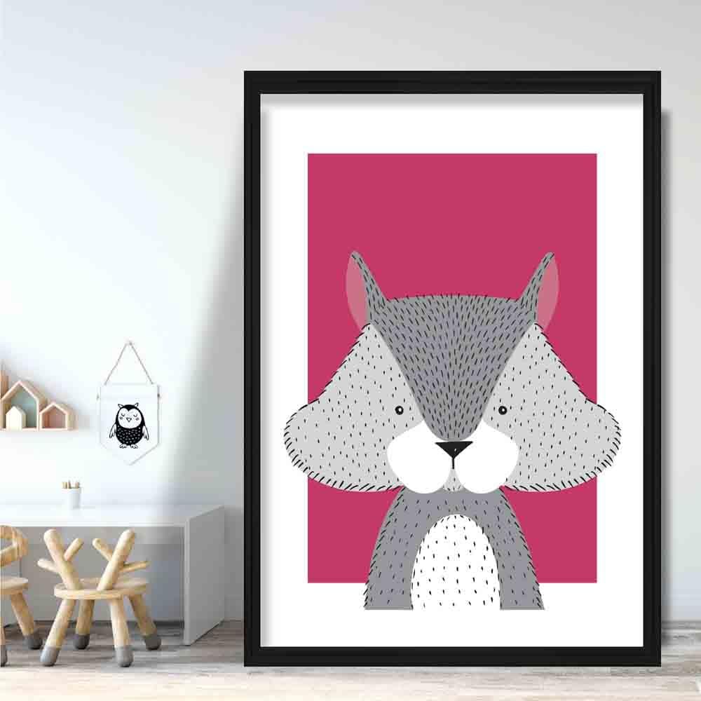 Eichhörnchen Skizze Stil Kinderzimmer Helles Pink Kunstdruck