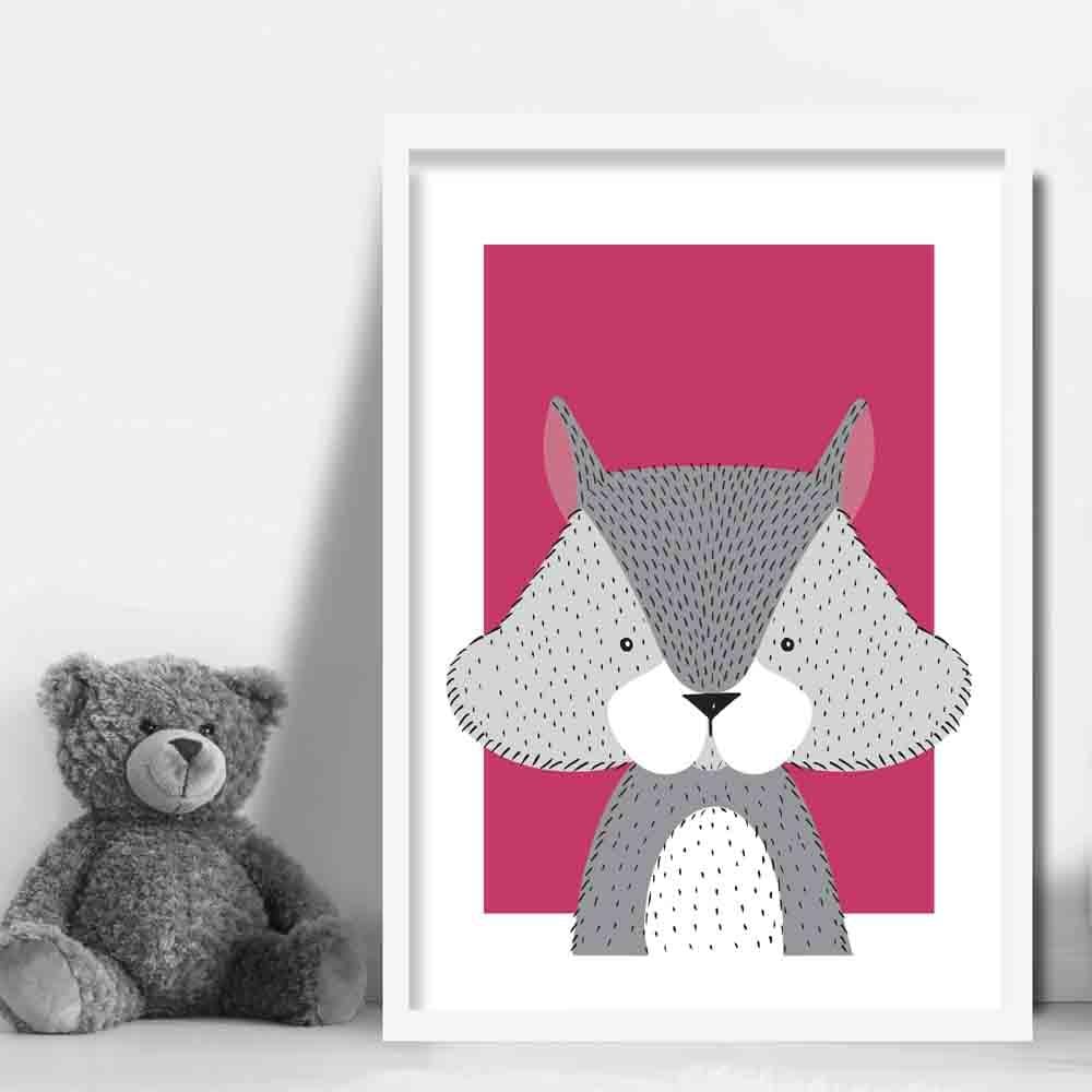 Eichhörnchen Skizze Stil Kinderzimmer Helles Pink Kunstdruck