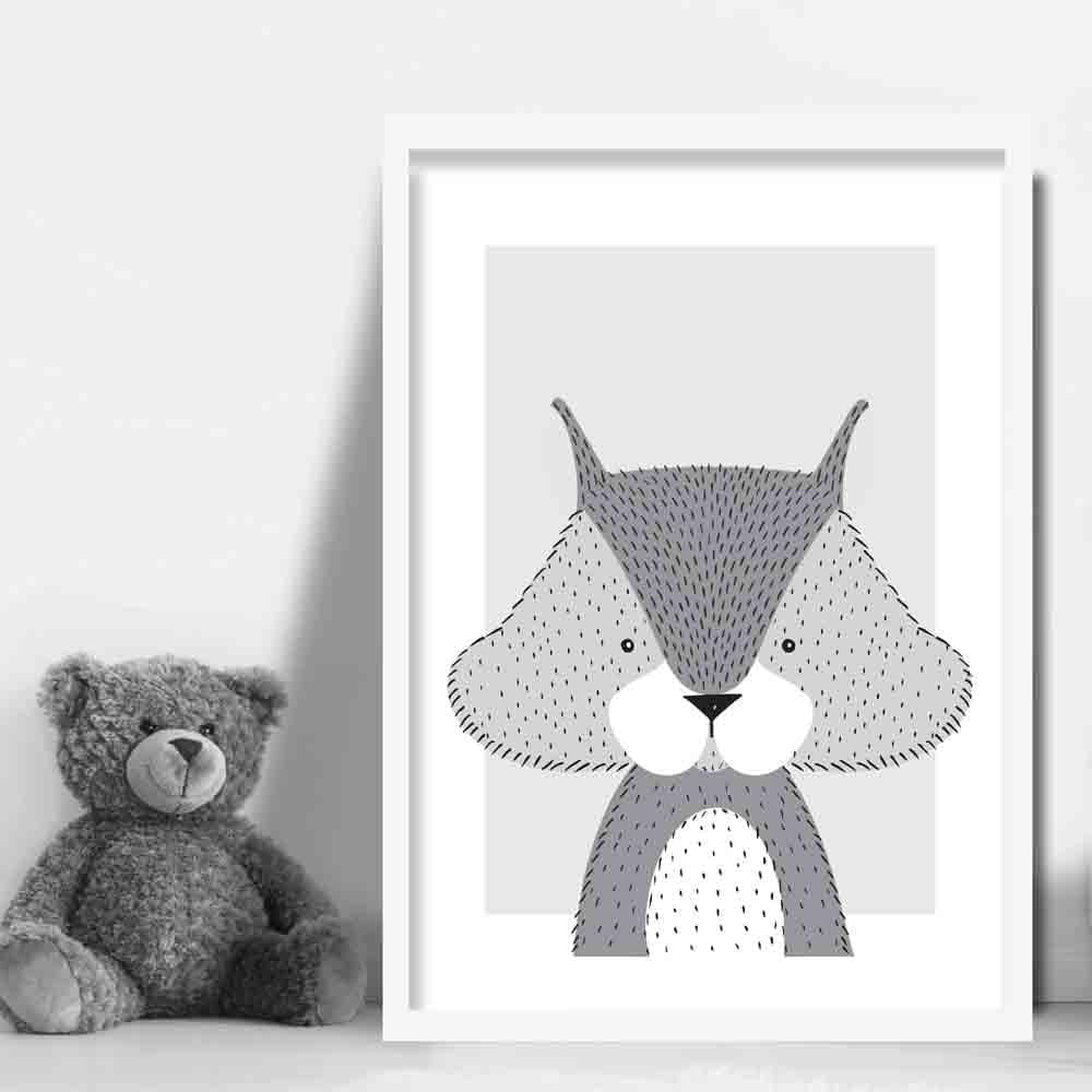 Eichhörnchen Skizzenstil Kinderzimmer Grau Kunstdruck