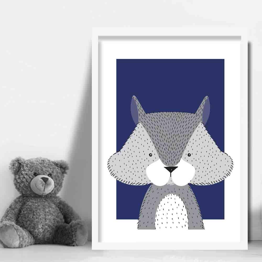 Eichhörnchen Skizze Stil Kinderzimmer Marineblaue Kunstdruck