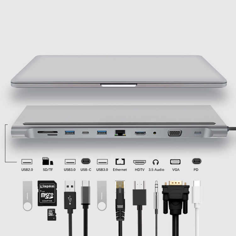 Frendorf | 11 in 1 RJ45 + 87W PD + SD/TF + USBx3 + HDMI + VGA + 3.5mm AUX zu Type-C HUB Adapter