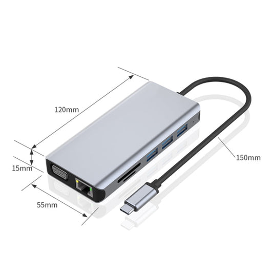 Frendorf | 12 in 1 RJ45 + 100W PD + SD/TF + USB3.0x5 + HDMI + VGA + 3.5mm AUX zu Type-C HUB Adapter
