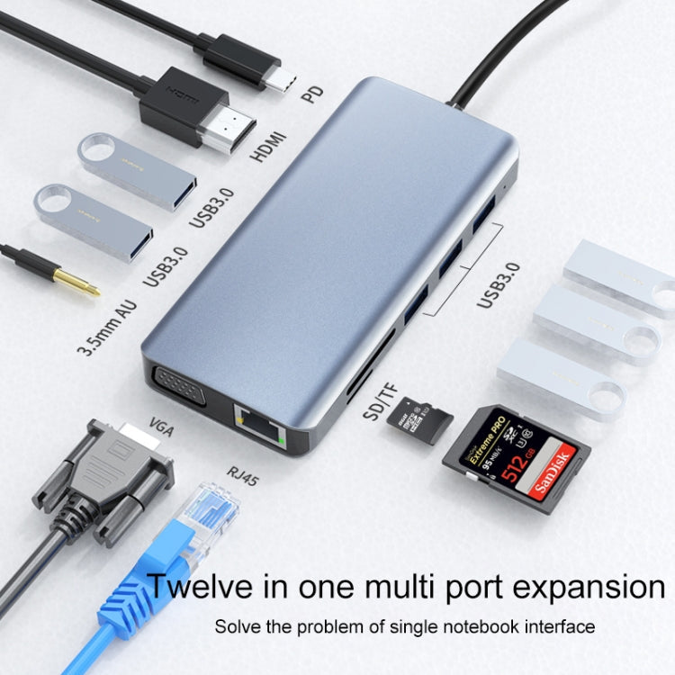 Frendorf | 12 in 1 RJ45 + 100W PD + SD/TF + USB3.0x5 + HDMI + VGA + 3.5mm AUX zu Type-C HUB Adapter