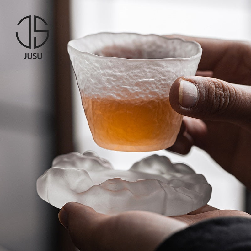 Japanischer Stil Glas Teetasse und Untertasse Set Glas Teetasse Kung Fu Kreative Kristall Kaffeetasse Espresso Tassen Luxus Sake Tasse Geschenk