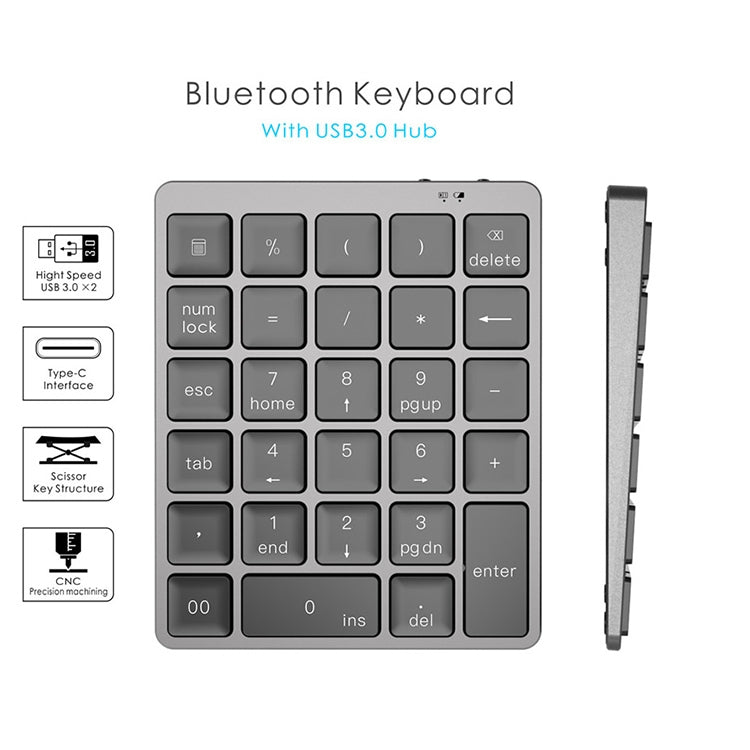 Frendorf | N970 Pro Dual Modes Aluminiumlegierung Wiederaufladbare Drahtlose Bluetooth Ziffernkeyboard mit USB HUB (Grau)