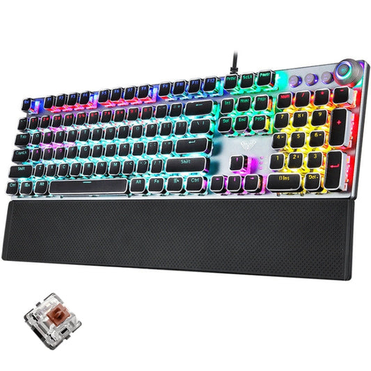 Frendorf | AULA F2088 108 Tasten Mixed Light Plating Punk Mechanisch Brauner Schalter Verkabelte USB Gaming-Tastatur mit Metallknopf (Silber)