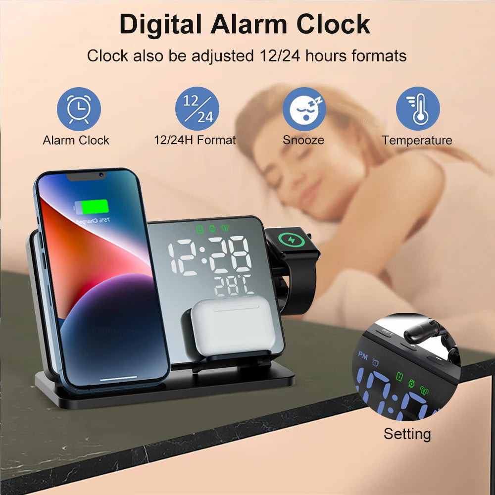 Frendorf | 3-in-1 Schnellladestation | Premium Wireless Fast Charging Dockingstation mit Wecker | für Apple iPhone, Watch & AirPods