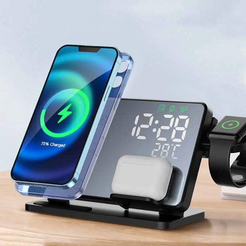 Frendorf | 3-in-1 Schnellladestation | Premium Wireless Fast Charging Dockingstation mit Wecker | für Apple iPhone, Watch & AirPods