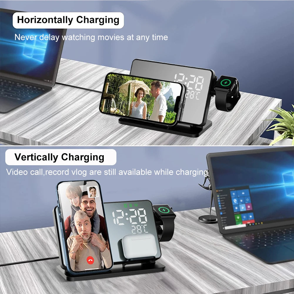 Frendorf | 3-in-1 Schnellladestation | Premium Wireless Fast Charging Dockingstation mit Wecker | für Apple iPhone, Watch & AirPods