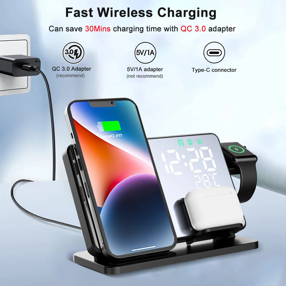 Frendorf | 3-in-1 Schnellladestation | Premium Wireless Fast Charging Dockingstation mit Wecker | für Apple iPhone, Watch & AirPods