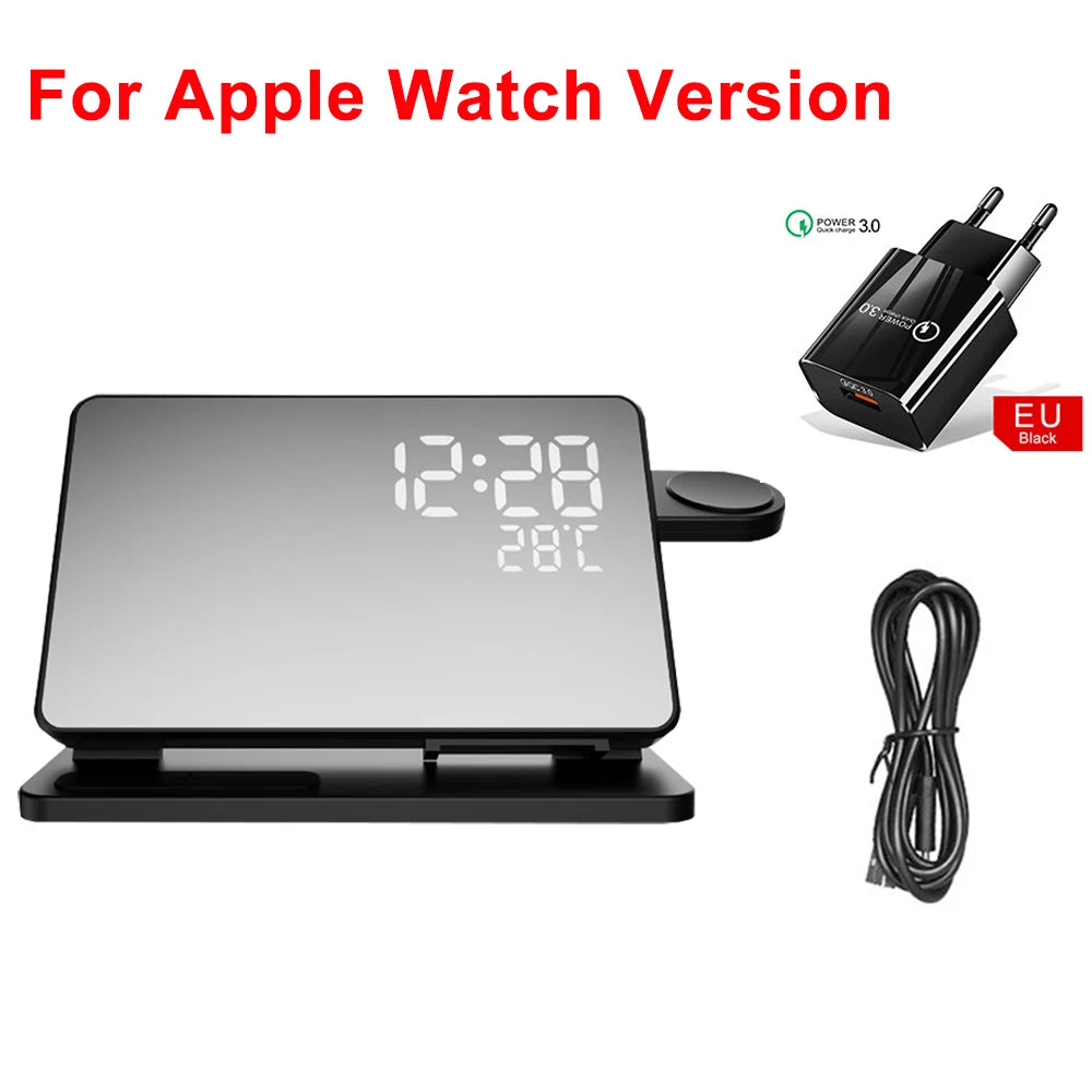 Frendorf | 3-in-1 Schnellladestation | Premium Wireless Fast Charging Dockingstation mit Wecker | für Apple iPhone, Watch & AirPods