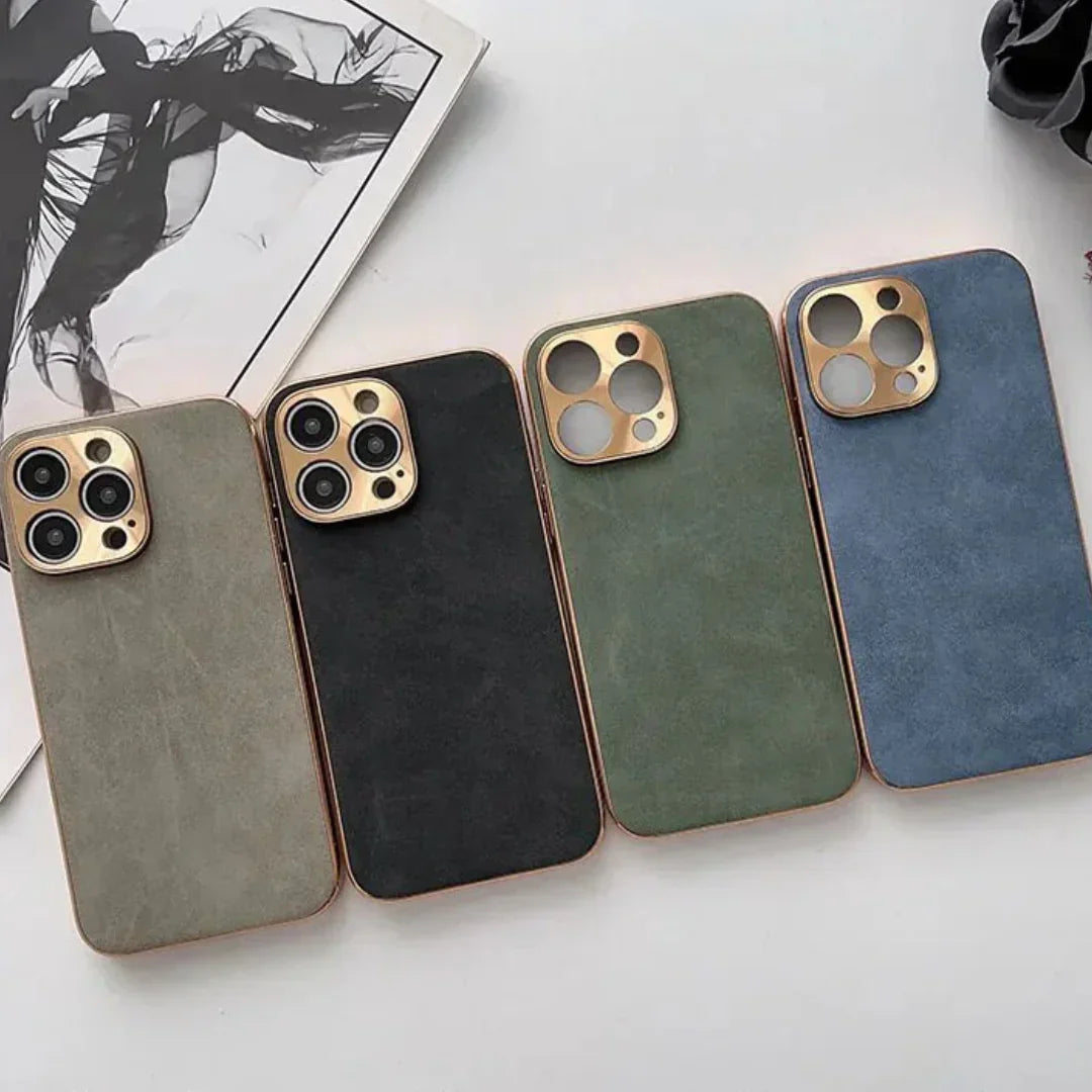 Frendorf | Leder Premium MagSafe Apple iPhone Hülle mit galvanisiertem Rahmen | Goldener Rahmen Case, Kameraschutz - Schutzhülle für iPhone 15, 14 Pro Max Plus