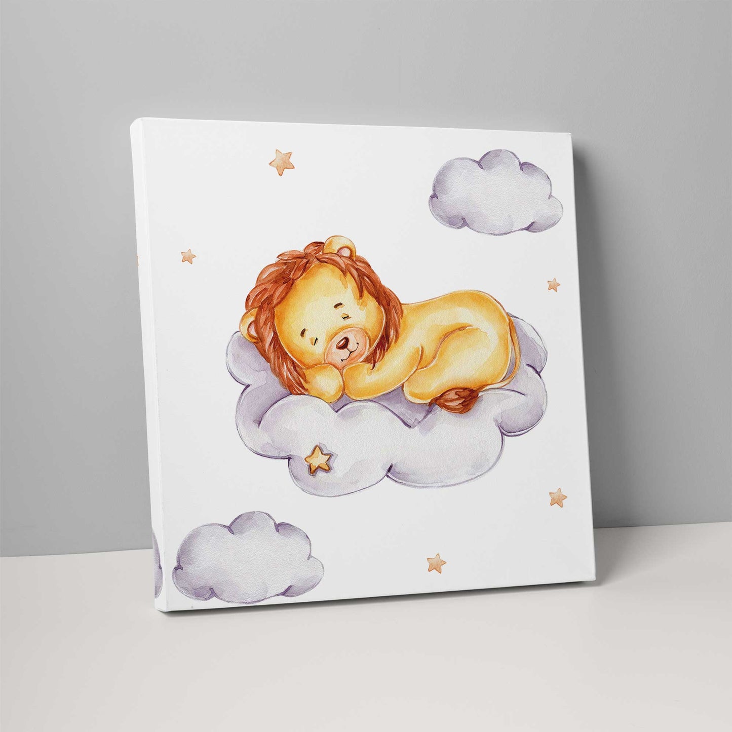 Süßer Aquarelllöwe auf Wolke Kinderzimmerdruck auf Leinwand