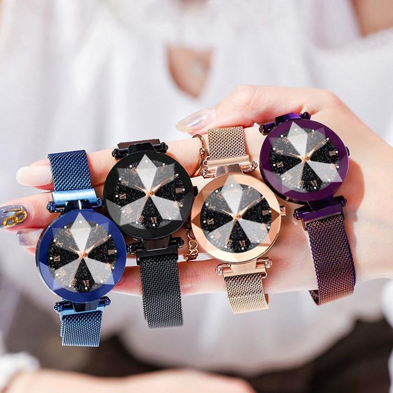 Frendorf | Luxus Sternenhimmel Edelstahl Mesh Armbanduhren für Frauen Kristall Analog Quarz Armbanduhren Damen Sport Kleid Uhr