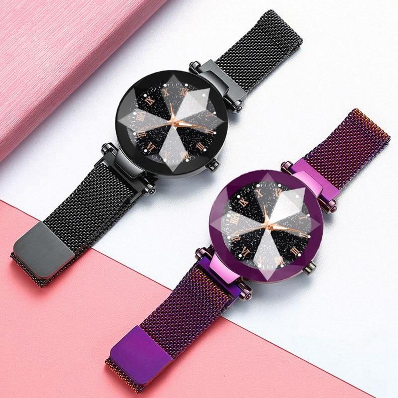 Frendorf | Luxus Sternenhimmel Edelstahl Mesh Armbanduhren für Frauen Kristall Analog Quarz Armbanduhren Damen Sport Kleid Uhr