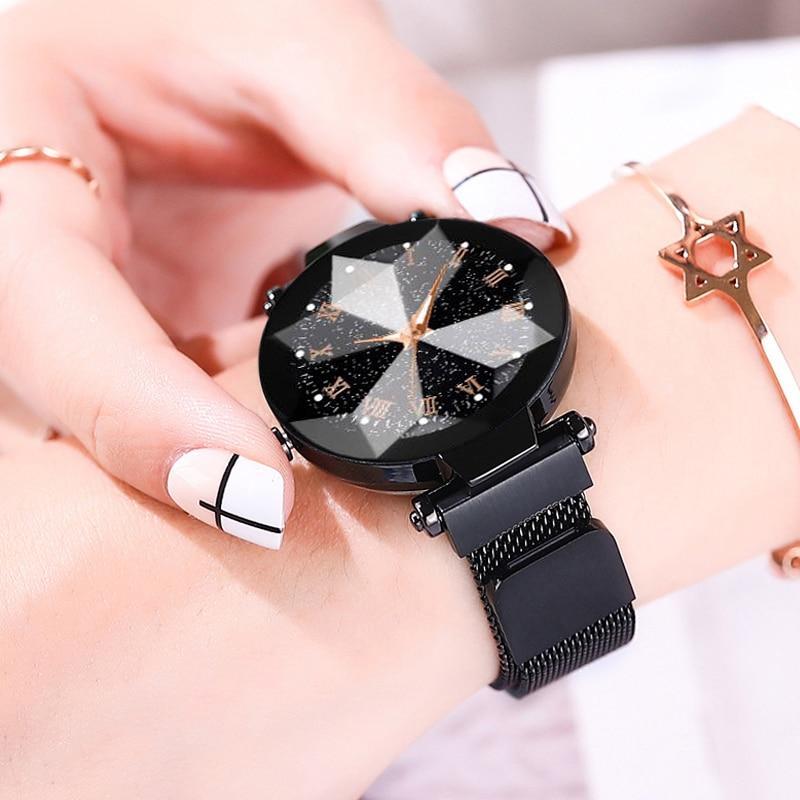Frendorf | Luxus Sternenhimmel Edelstahl Mesh Armbanduhren für Frauen Kristall Analog Quarz Armbanduhren Damen Sport Kleid Uhr